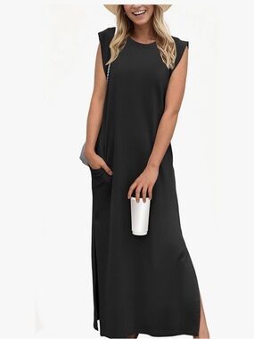 Sleeveless Black Maxi Travel Dress with Side Slit
